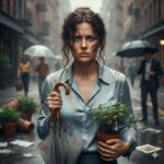 A woman with messy wet hair stands in the rain holding a broken umbrella and a small potted plant on a city street