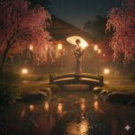 A person in traditional Japanese clothing holds a glowing umbrella while standing on a small bridge in the rain at night, surrounded by pink cherry blossom trees and warm lantern light from a nearby house.