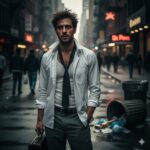 A tired-looking man in a wrinkled white shirt and loose tie stands on a busy city street at dusk, holding a briefcase.