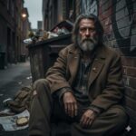 An older man with long gray hair and beard sits by a brick wall in an alley, wearing a brown coat, with newspapers nearby.
