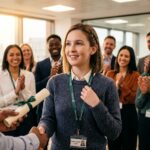 a woman receiving an award possibly for something she did well at work
