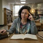 a woman sitting in a library coming up with an idea