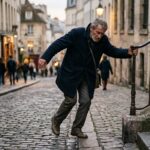 a man falling down trying to get up stairs
