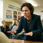 a lawyer feeling strongly about what she is saying and putting her hands on the table while saying it