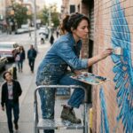 a woman painting a mural on a brick wall outside