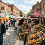 a woman in a marketplace buying items
