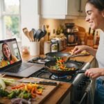 someone cooking and talking to her friend at the same time